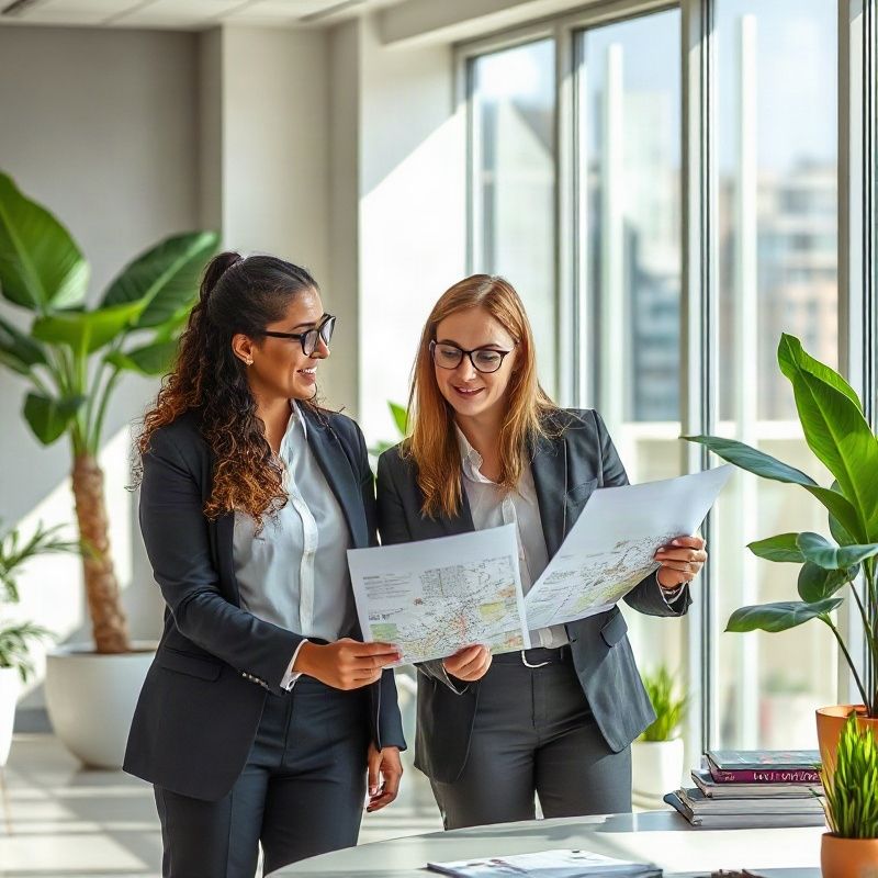 Two professionals reviewing printed maps and data in a light-filled Belo Horizonte office