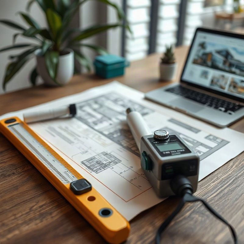 Modern desk with architectural drawings, measuring tools, and a laptop showing property data